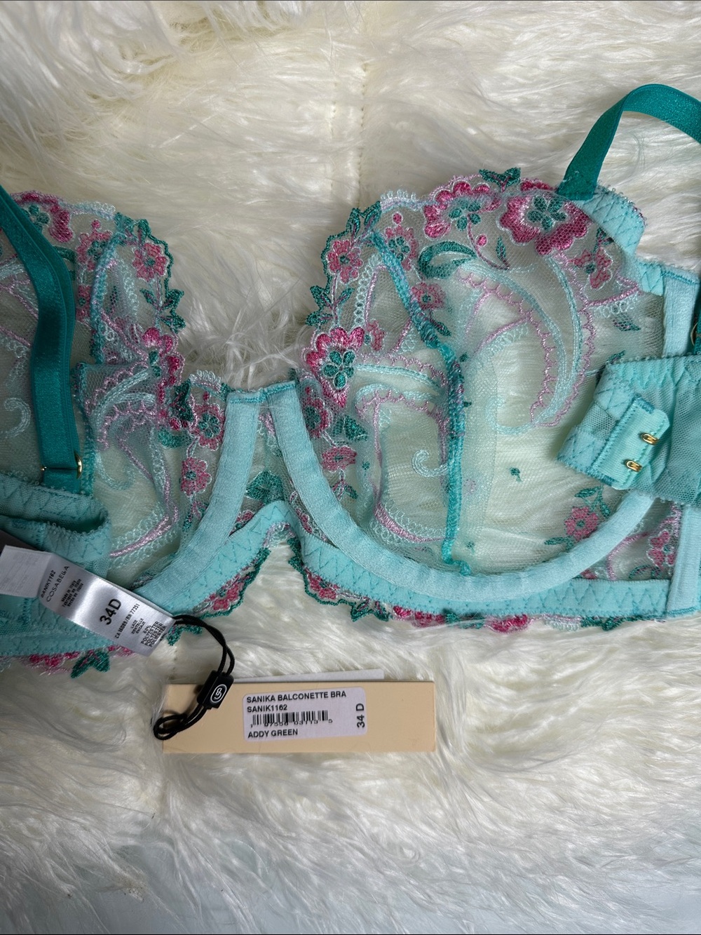 Cosabella Sanika Balconette Bra 34D Addy Green Sheer Embroidered Lace NWT - Picture 4 of 5